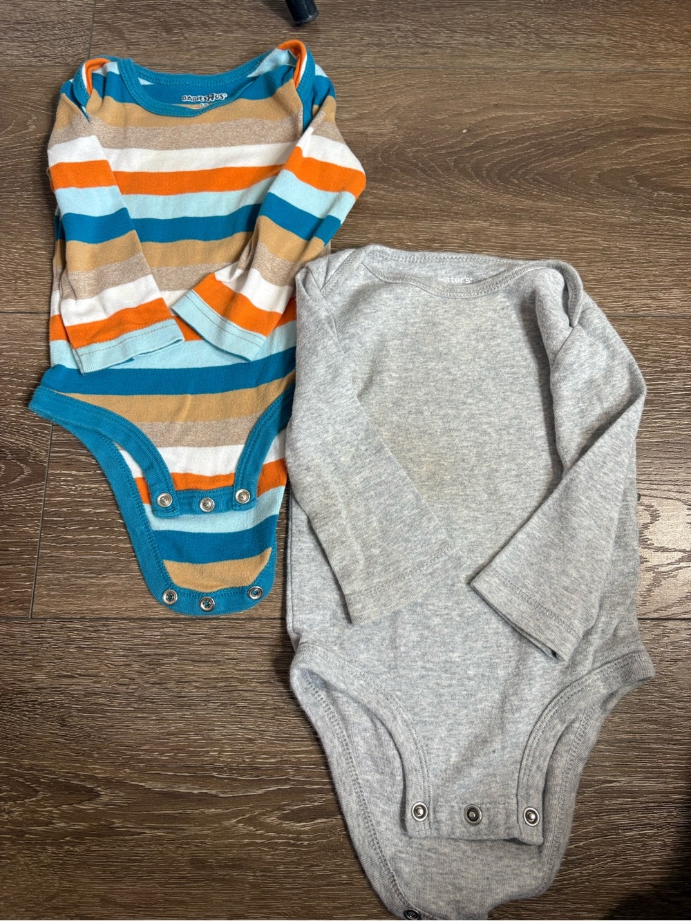 Carter's Teal, Orange & Tan Striped + Gray Long-Sleeve Baby Bodysuit Duo
